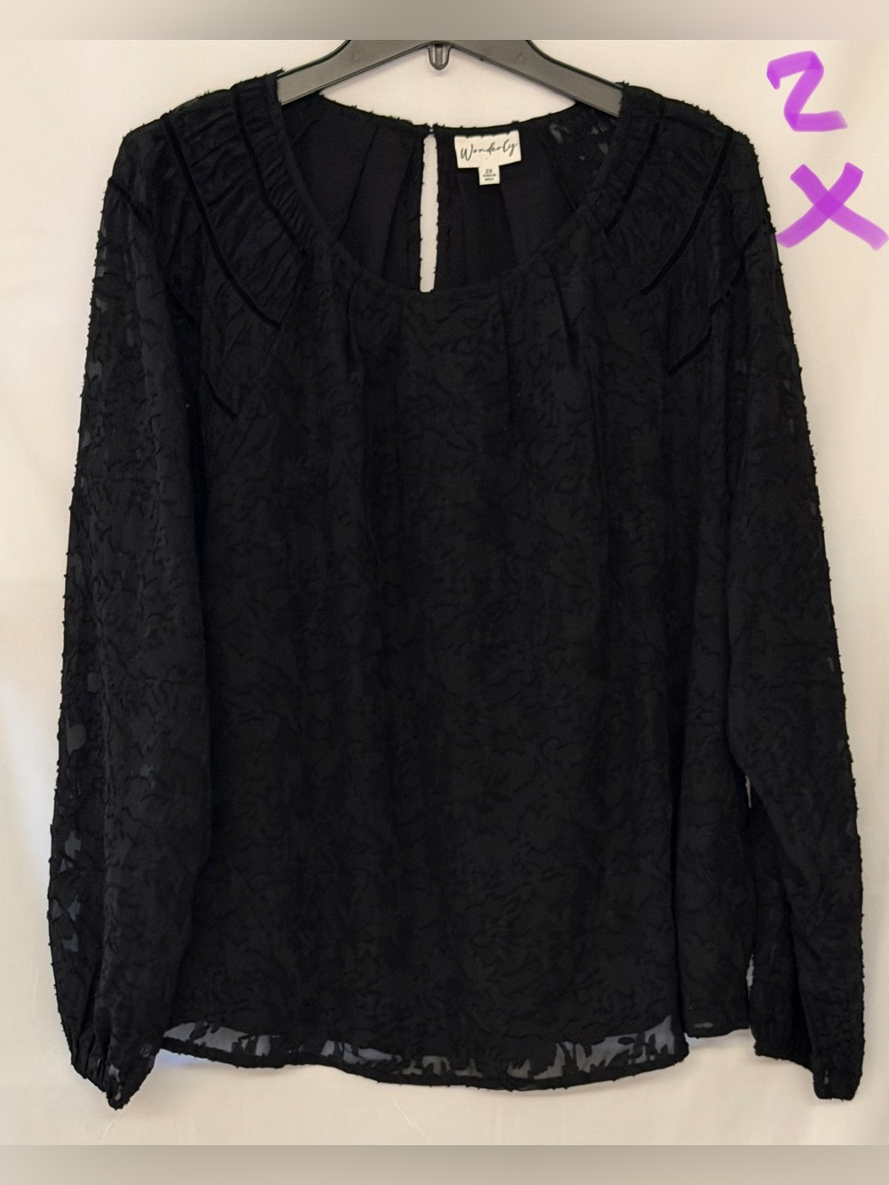 Wonderly Black Sheer Textured Long-Sleeve Scoop Neck Blouse